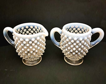 Vintage Fenton Moonstone Hobnail Sugar & Creamer.  White Opalescent Glass. Perfect For Tea Time, Tea Parties/Garden Parties. Sweet Set