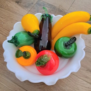Hand Blown Art Glass Fruit and Vegetables Green Stem and Leaf. Murano Style. Perfect Gift for Collector. Each Piece Sold Separately.