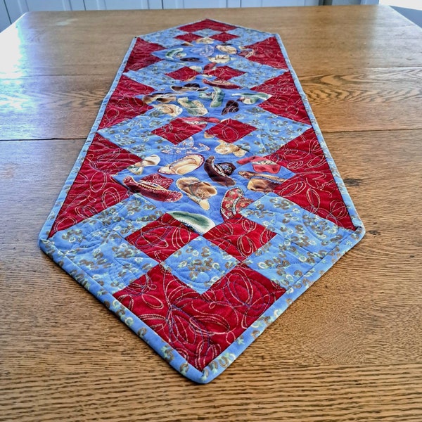 Western/Cowboy Barbecue Tablerunner. Quilted Cotton Fabric. Cowboy Hats, Western Ranch Decor, Cowboy Kitchen,  Blue & Red Colors. Reversable