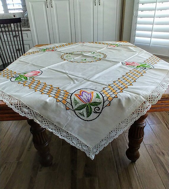 1950s Ivory Rectangle Tablecloth. Beautifully Embroidered | Etsy