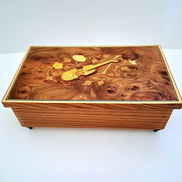 Vintage Burl Wood Jewelry/Music Footed Box.  Made in Italy. Inlaid Floral Design with Violin. Red Velvet Lining. Plays Song "Isle of Capri".