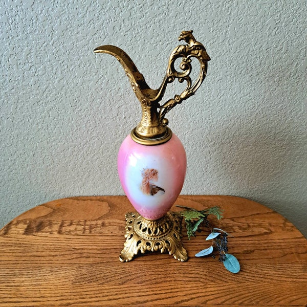 Antique Victorian Ewer Mantle Piece. Pink & White Glass Body w/Hand Painted Cameo Silhouette. Ornate Brass/Goldtone Spout Handle and Base.