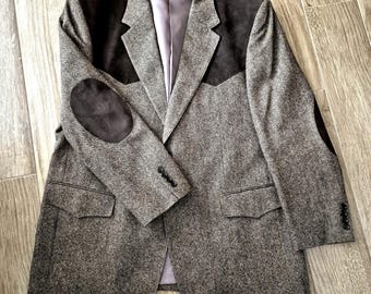 Vintage Bar WS Tweed Blazer 46R Grey Wool Western Sport Coat Suede Elbow Patches