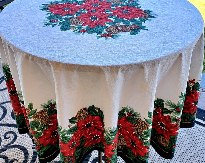 Beautiful Vintage Round Christmas Tablecloth. Bright White W/ Red
