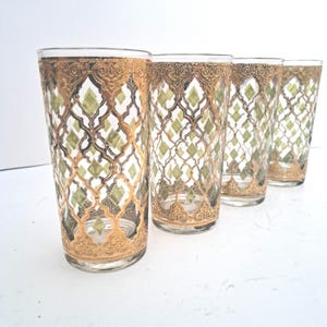 4 Culver 22K Gold Valencia Highball Glass, 1960 Mid Century, Signed Set. Very Madmen. Perfect for Swanky Retro Decor Mid-Century Bar. 10 oz