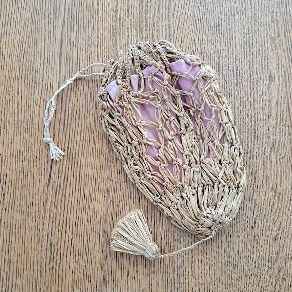 1920s Handmade Flapper Handbag. True Antique Cute Raffia/Straw/Macrame. Pink Fabric Lining. Draw String Sak Design, with Tassel. Usual Find.