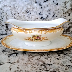 Vintage Gravy Boat by &quot;Noritake M Japan&quot; Unknown Pattern White with 1930- 40s Gold Art Deco Scrolled Design with Pastel Floral Bouquets.