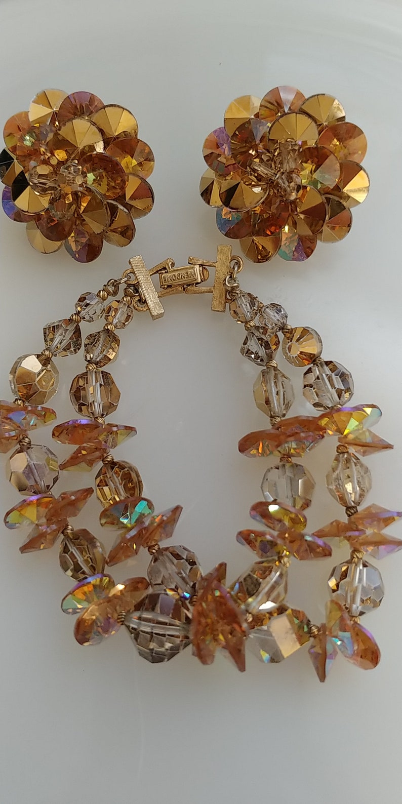 Matching Necklace /& earring Sparkling 1960 VENDOME Czech Crystal Pururer Set Beautiful Fall Colors Topaz Aurora Borealis Gold. Bracelet