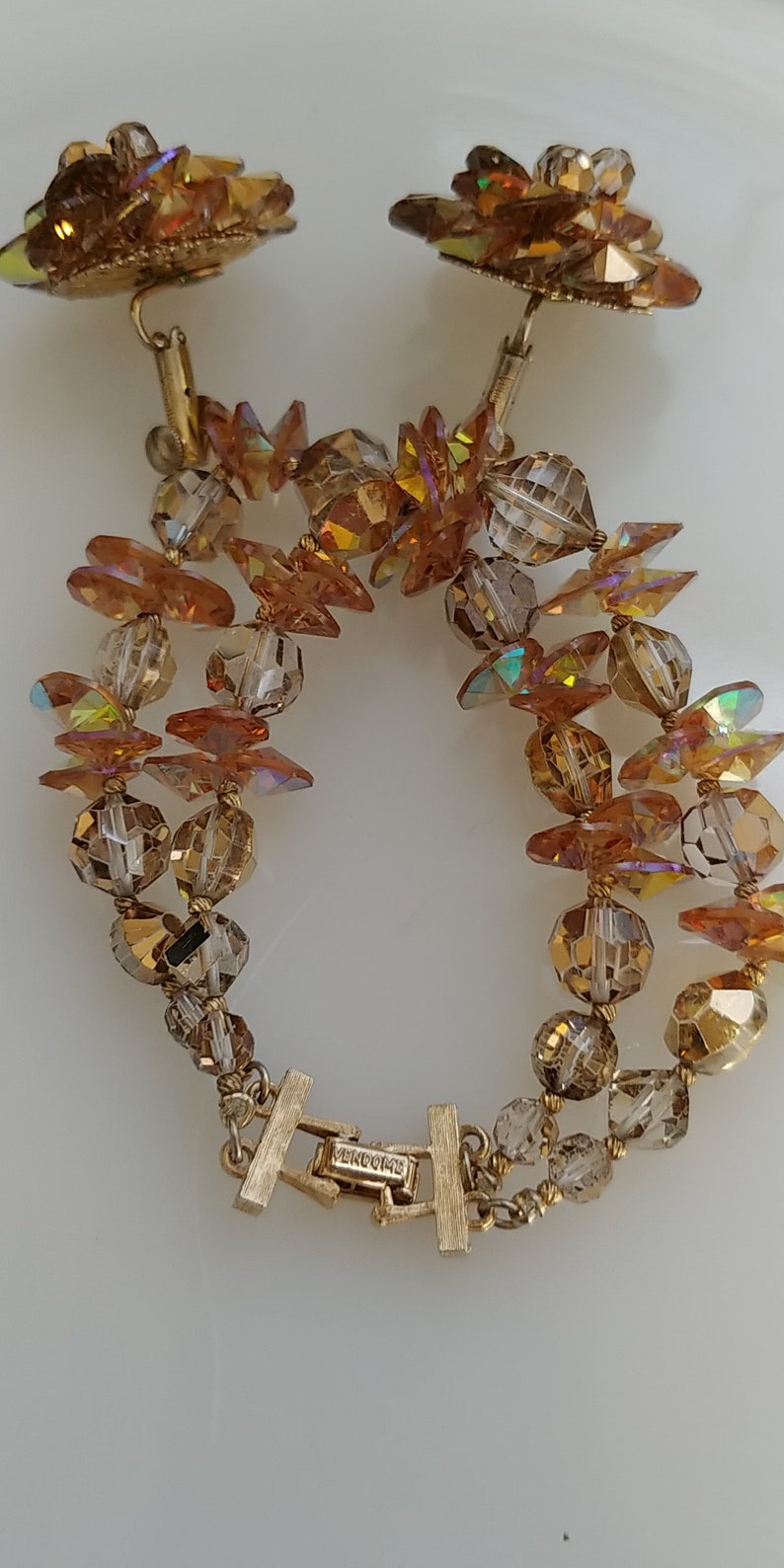 Matching Necklace /& earring Sparkling 1960 VENDOME Czech Crystal Pururer Set Beautiful Fall Colors Topaz Aurora Borealis Gold. Bracelet