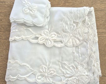 Vintage Madeira Style Tablecloth Set. White on White Floral/Clover, Including 8 Matching Napkins. Could be Irish Linen