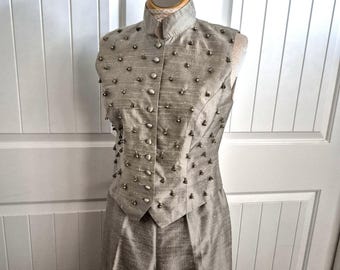 Vintage Carol Capek 100% Silk Beaded Vest Trousers Set – Champagne Silver 90s