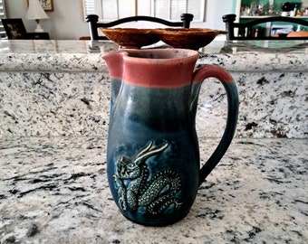 Vintage 1999 signed Scott Wilson Studio Art Pottery. Renaissance Style Dragon Beer/Water Pitcher. 48 oz Hand Thrown and Hand Pinched.