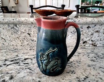 Vintage 1999 signed Scott Wilson Studio Art Pottery. Renaissance Style Dragon Beer/Water Pitcher. 48 oz Hand Thrown and Hand Pinched.