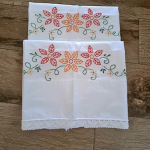 Vintage Embroidered Pillow Case Set of Two. Soft White Cotton w/ Multi Color Hand Embroidered Flowers w/ Crocheted Edging. Standard Sz