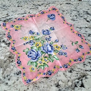 Large Hankie Vintage 1950 Pink with Bright Blue and Yellow Floral Print Handkerchief. Cotton w/ White Scalloped Rolled Edging. 15 1/2" X 14"