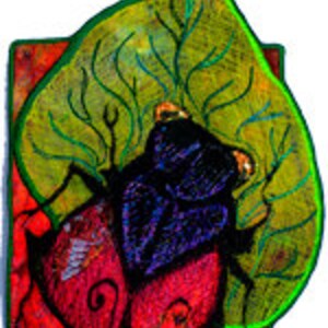 May include: A black and purple beetle with orange accents is perched on a green leaf with a red background. The beetle has a detailed design and is surrounded by intricate lines and swirls.