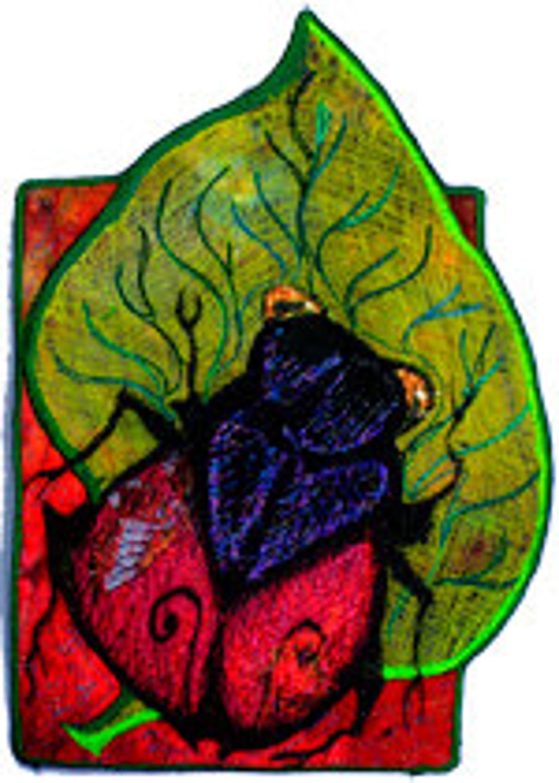May include: A black and purple beetle with orange accents is perched on a green leaf with a red background. The beetle has a detailed design and is surrounded by intricate lines and swirls.