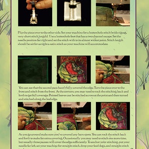 May include: Close-up of a sewing machine needle stitching a red, green, and black fabric design. The fabric design features a butterfly and leaves. The image shows the steps for stitching around the edges of a fabric design.