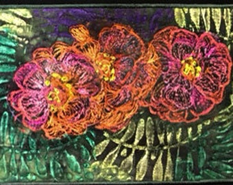 Embroidered Impatiens Applique: Hand-Dyed Cotton Quilted Art (9x6.5)