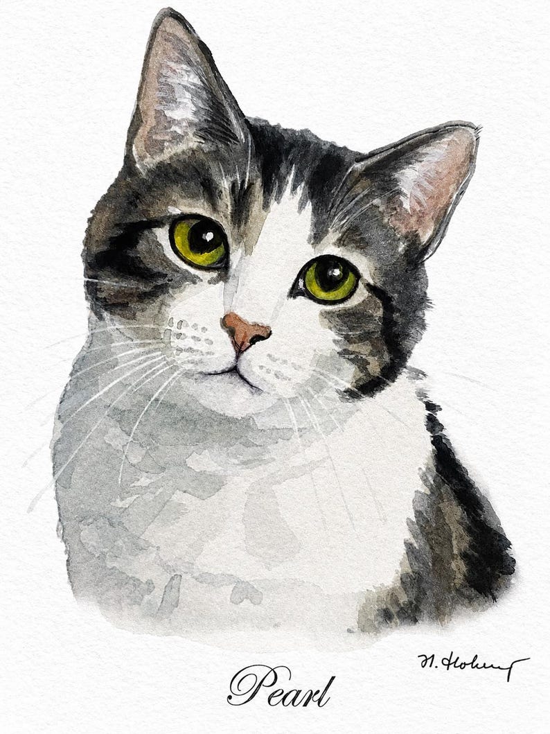 Custom Cat Portrait, Hand Painted Watercolor Pet Portrait from picture, Commission Art, Personalized Gift for cat lovers. Unique handmade artwork, realistic watercolor painting, custom illustration, memorial cat portrait keepsake. Perfect for Christmas gifts, Mother’s Day presents, pet owners, families, friends, and animal lovers. Personalized wall decor that makes a thoughtful gift for birthdays, anniversaries, holidays, or pet remembrance occasions.