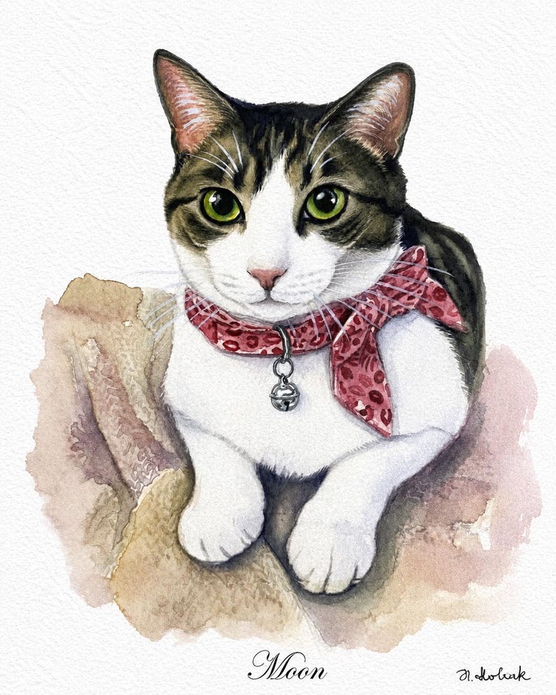 Custom Cat Portrait, Hand Painted Watercolor Pet Portrait from picture, Commission Art, Personalized Gift for cat lovers. Unique handmade artwork, realistic watercolor painting, custom illustration, memorial cat portrait keepsake. Perfect for Christmas gifts, Mother’s Day presents, pet owners, families, friends, and animal lovers. Personalized wall decor that makes a thoughtful gift for birthdays, anniversaries, holidays, or pet remembrance occasions.