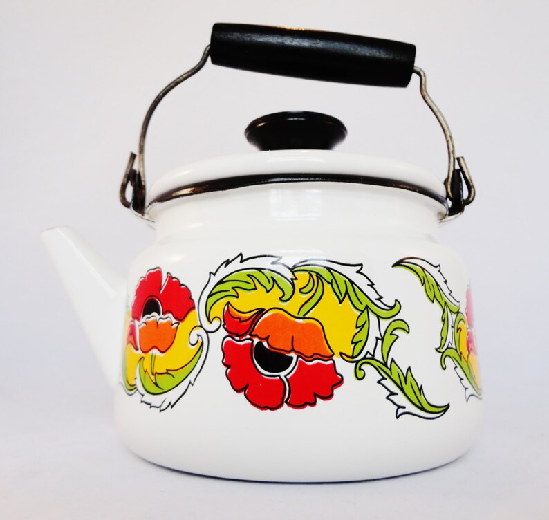 Vintage Enamel Teapot Enamel Tea Kettle White Enamel Etsy