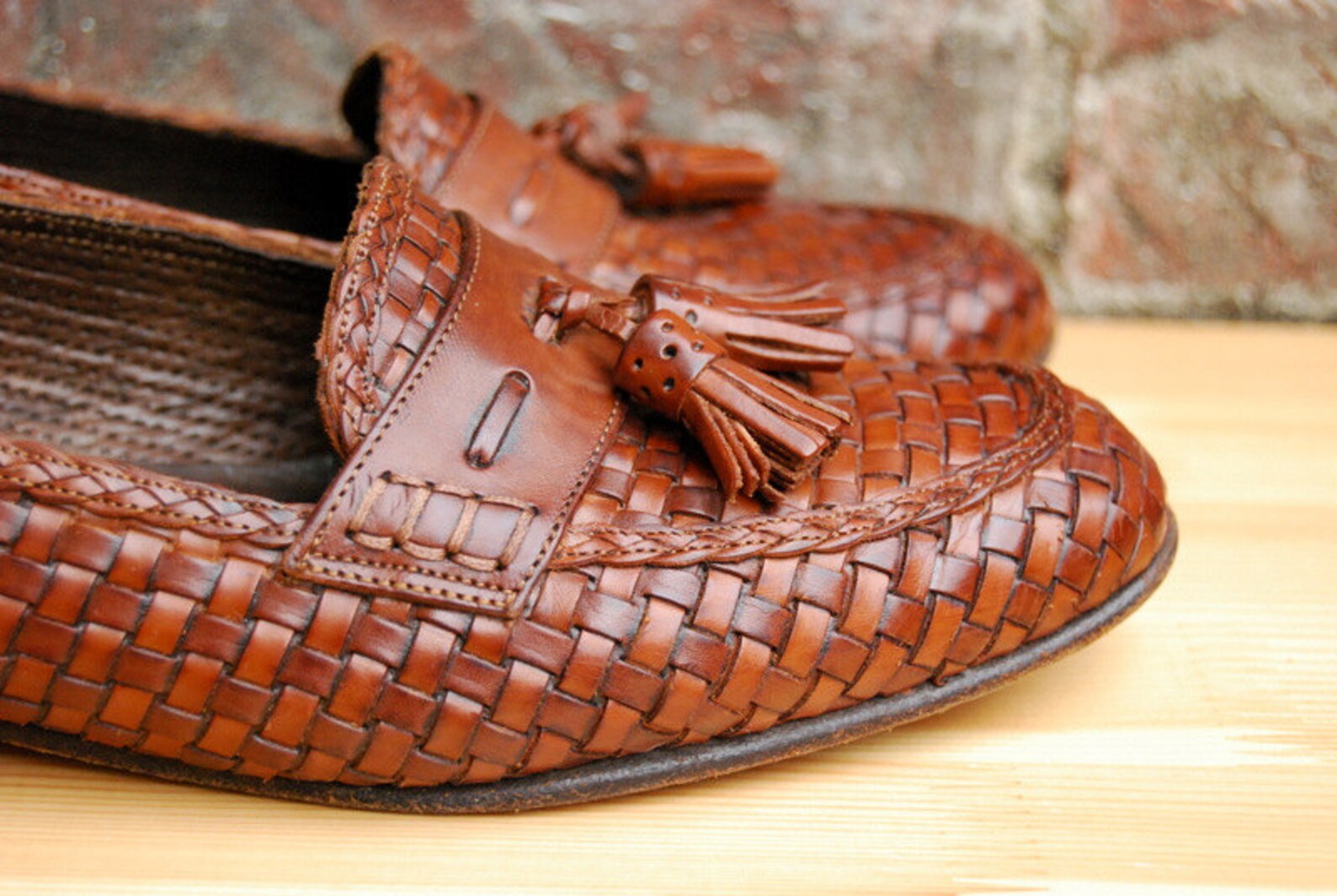 Vtg. Woven Italian Leather Tassel Loafers in Dark Brown // Etsy