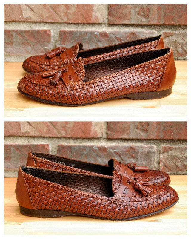 Vtg. Woven Italian Leather Tassel Loafers in Dark Brown // Etsy