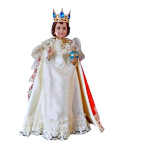 Large Infant of Prague Jesus Statue - Vintage Chalkware Jesus with Blue Eyes and Jeweled Crown