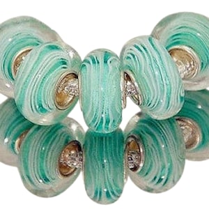 Großes Loch 4,5 mm weiße Ringe Aqua European Beads Glas, Glasperle, .925er Silberkern, Charm passt für alle europäischen Charms Armband, Pandora