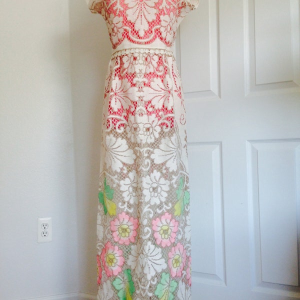 Vintage 70s bohemian crochet cut out burn out sheer lace embroidered shabby wedding runway maxi dress Valentino inspired 