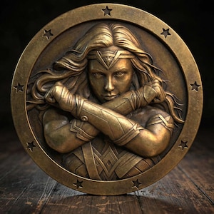 May include: A bronze-colored relief sculpture of Wonder Woman, featuring her likeness with crossed arms. The circular frame is adorned with stars. The sculpture is set against a dark background and rests on a wooden surface.