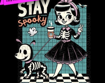 Retro Halloween Skeleton Girl PNG: Fall Coffee Design (Digital Download)