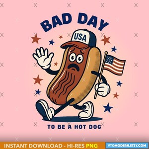 Sad Hot Dog Cartoon Art: Patriotic American Flag Theme (Digital PNG Download