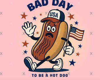 Sad Hot Dog Cartoon Art: Patriotic American Flag Theme (Digital PNG Download