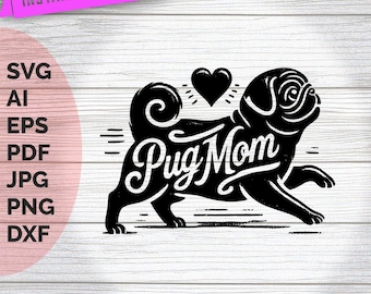 Charming PugMom Illustration - Playful Pug Silhouette with Heart, Digital Art for Pug Lovers, Instant Download Gift