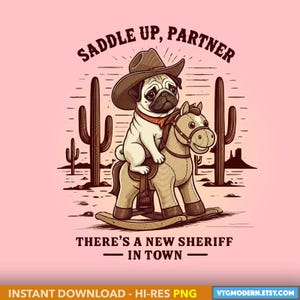 Funny Pug Cowboy Illustration: Whimsical Sheriff (PNG Digital Download)