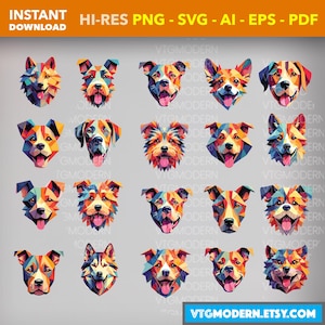 20 Hi-Res Geometric Dog Faces Bundle - PNG SVG PDF Eps Ai - Dog Lovers - Pit Bull Husky Chihuahua Terrier Schnauzer Yorkie Lab Westie Beagle