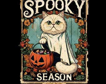 White Halloween Cat PNG: Spooky Ghost Costume, Pumpkin Bucket (Digital Download)