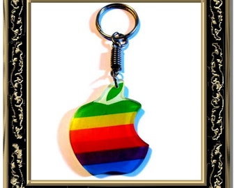 Vintage 1980's Retro Doublesided Plastic Apple Computer Rainbow Logo Key Chain / Keychain Rare