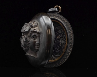 Antique Victorian Oval Black Vulcanite Cameo Mourning Locket