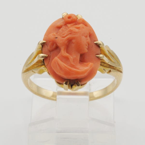 10K Yellow Gold Coral Cameo Ring ~ Size 6.25 Art Nouveau