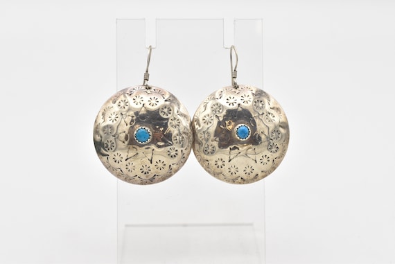 925 Turquoise and Stamped Silver Medallion Earrin… - image 2