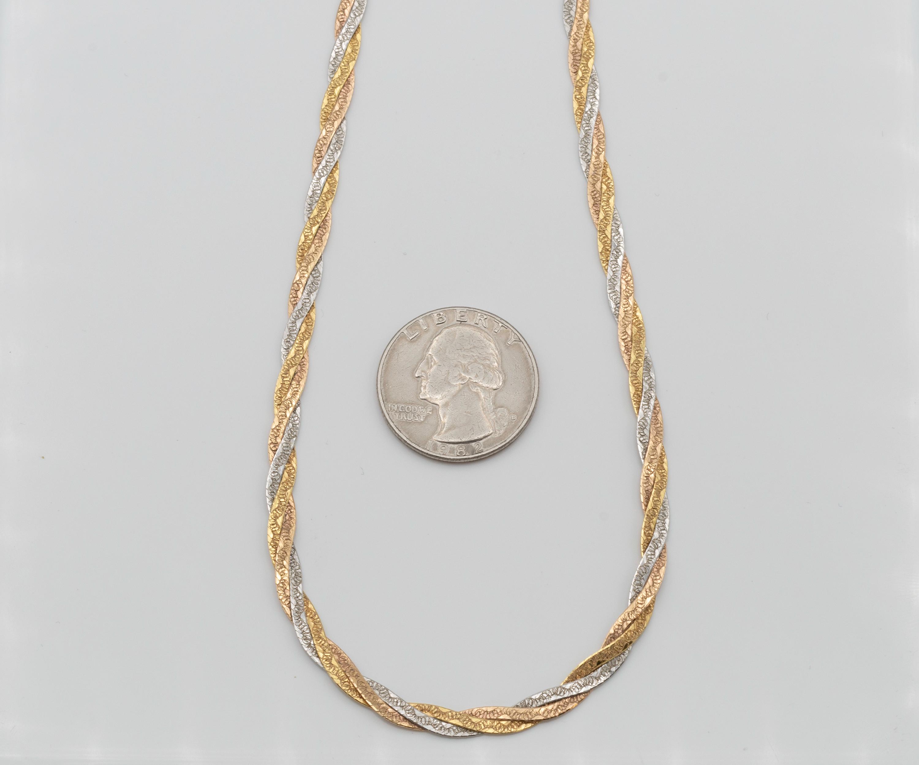 14K トリカラーゴールド ヘリンボーン編み込みチェーン ～ 17.75インチ 