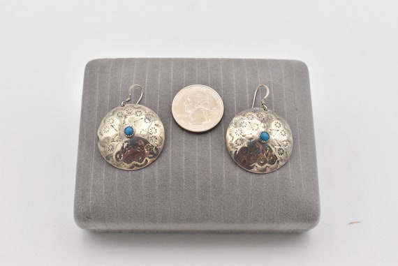 925 Turquoise and Stamped Silver Medallion Earrin… - image 4