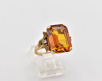 10K Retro Honey Gold Sapphire Cocktail Ring with Quartz Accents ~ US Size 7 1/2