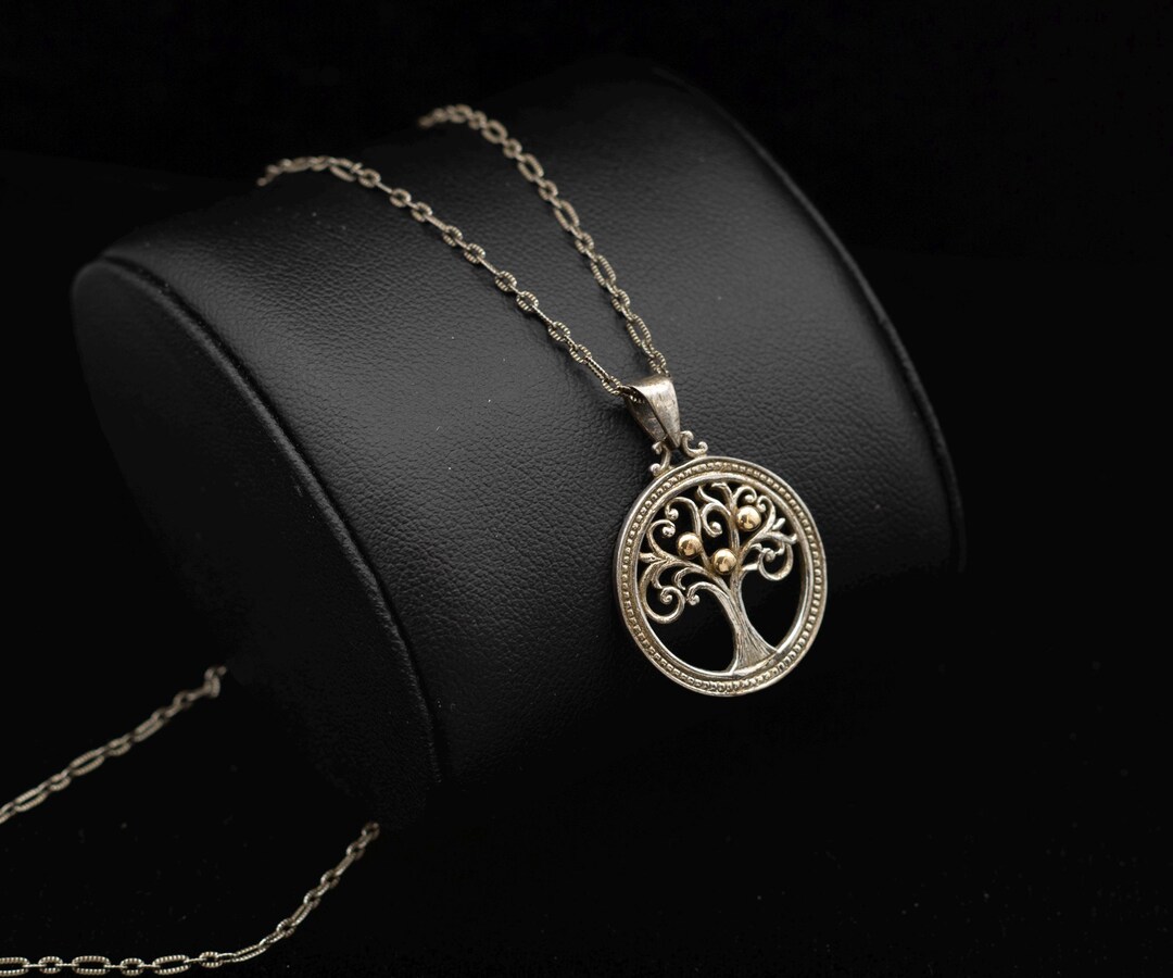 925 Sterling Silver Tree of Life Pendant Necklace 10K Accent Beads ~ 17 ...