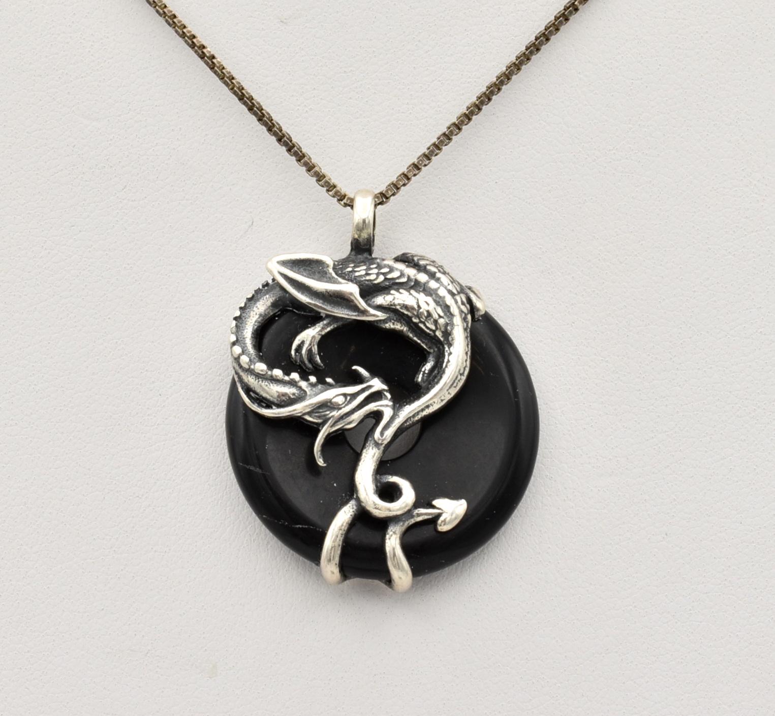 1993 AICC 925 Black Onyx Dragon Pendant Necklace ~ 24 3/8 Inches
