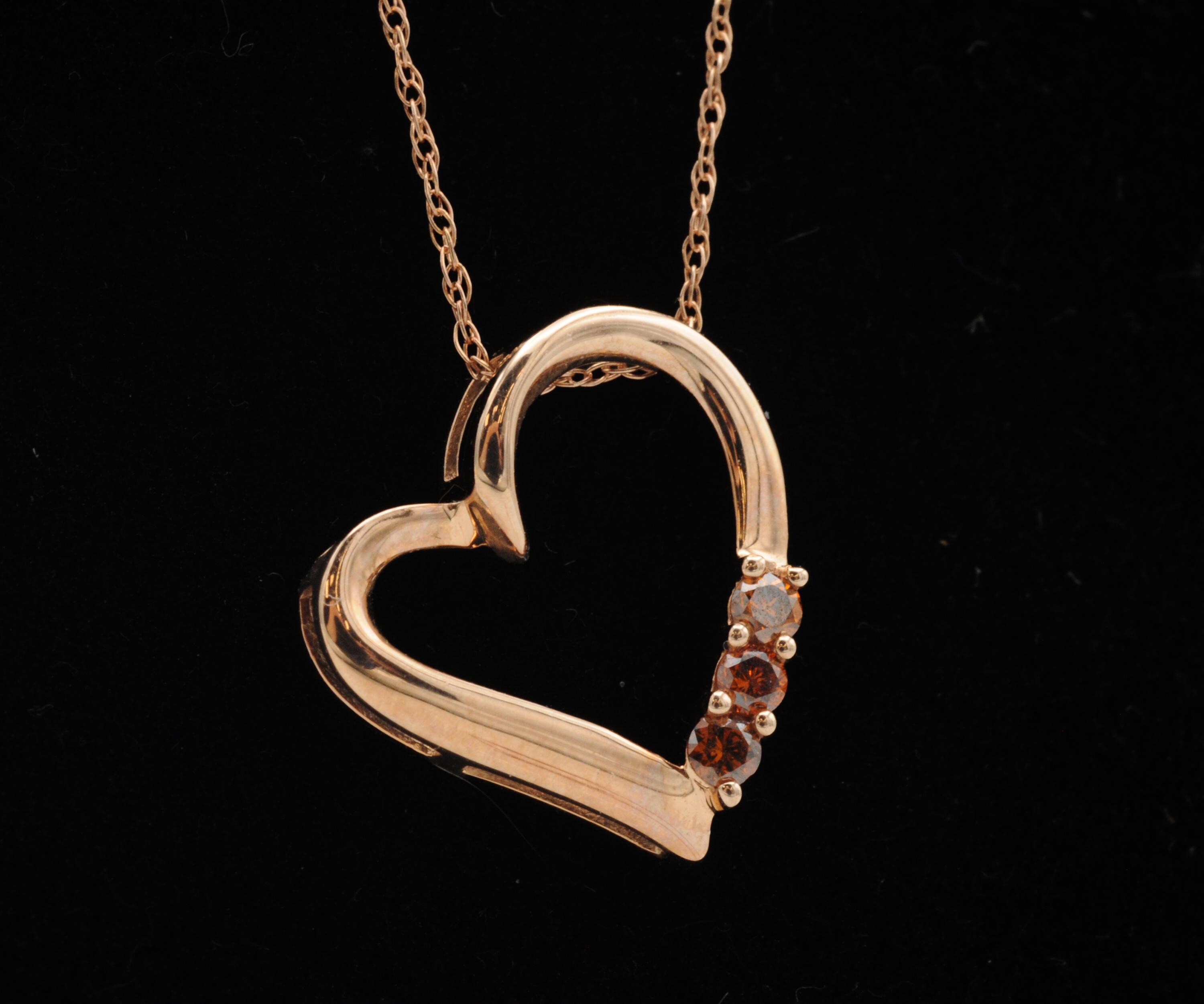 ODI 10K Rose Gold Open Heart Amber Diamond Pendant Necklace ~ 18in
