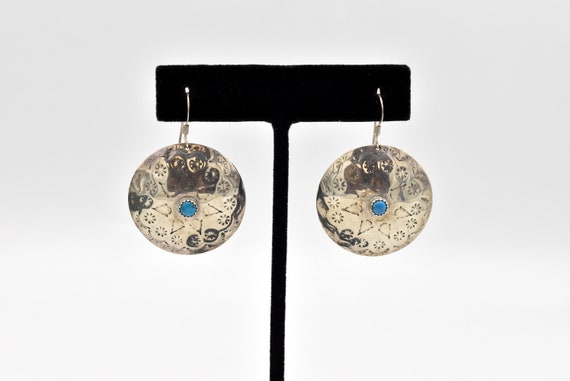 925 Turquoise and Stamped Silver Medallion Earrin… - image 1